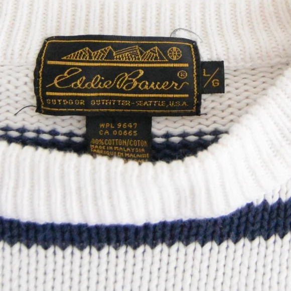 Vintage Eddie Bauer White with Red and  Blue Stripes Knit Crewneck Sweater L - Picture 5 of 11